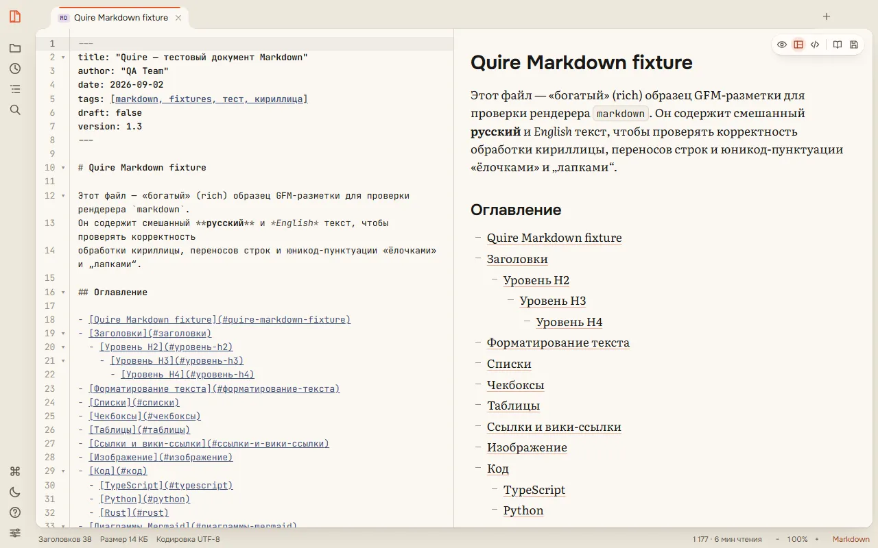 The Quire with two panels side by side: a Markdown document with its outline and a source code file.